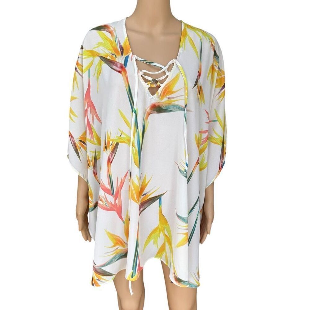 Show Me Your Mumu Peta tunic cover-up tropical print lace-up V-neck size M